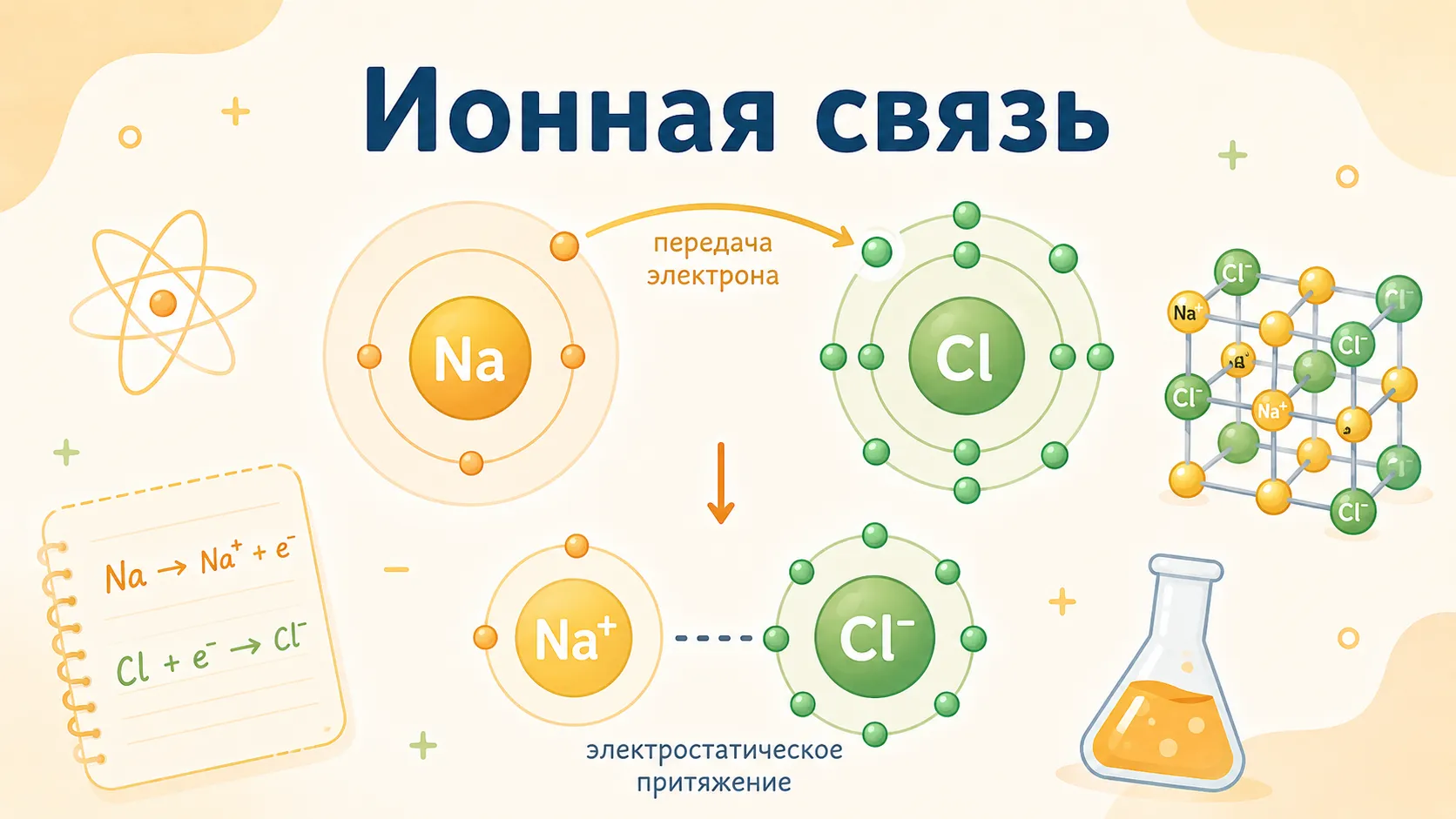 Схема образования ионной связи на примере NaCl