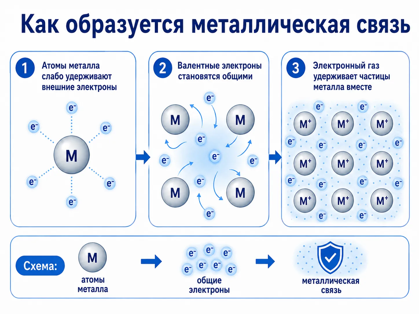 Как образуется металлическая связь: три шага — атомы, общие электроны, электронный газ