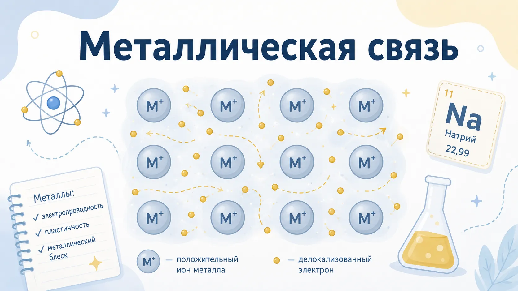 Как образуется металлическая связь? Механиз образования, электронный газ свойства.