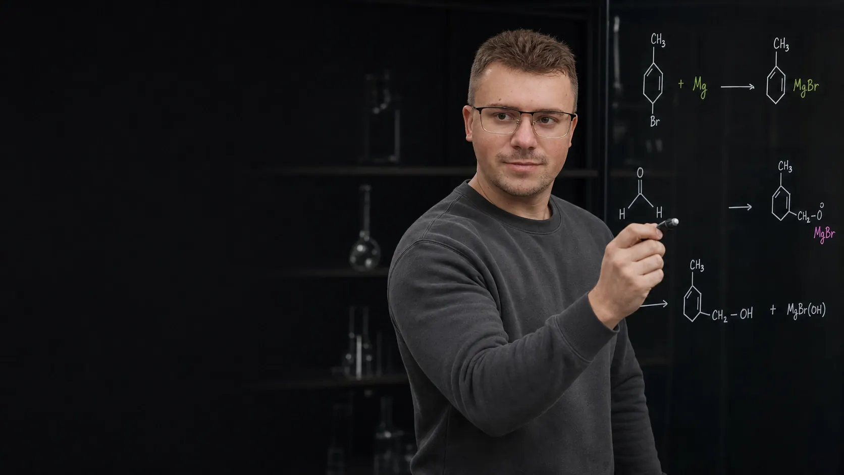Валерий Филипенко объясняет тему по химии у прозрачной доски